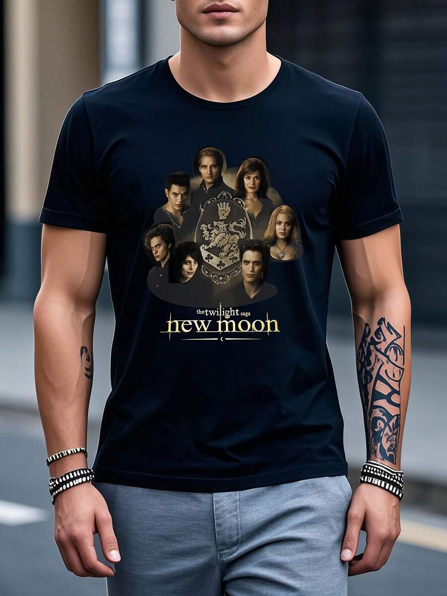 Camiseta masculina verano, manga corta cuello redondo, perfecta para encuentros y fanáticos de cine y música - Negro - Ver 1