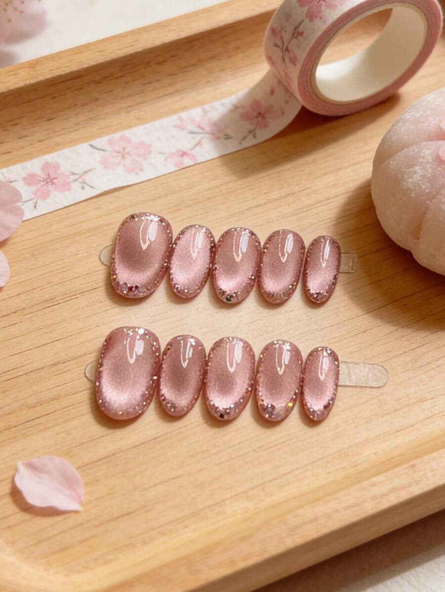 10片日式柔和风格樱花猫眼美甲贴纸，手工镶钻美白，可重复使用美甲贴 - 彩色 - 查看 1