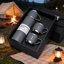 A Gift Box,4pcs Stainless Steel Water Bottle & Cups Gift Set - Large 500Ml/16.9Oz With 3 Small Cups +1 Water Bottle, Triple Lids For Hot/Cold Drinks, Portable For Business, School, Office, Camping, Travel - 304 Steel, Hand - Gray  Gift Box - View 2