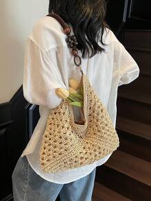 Hollow Straw Woven Bag, Beach Vacation Tote Bag, Handmade Woven Shoulder Bag, Straw Bag - Beige - View 4