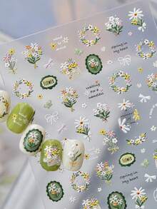 1 szt. wiosenny wieniec z suszonych kwiatów stokrotek, naklejka na paznokcie w kształcie serca z motylem w kształcie słońca, 5D wykwintna naklejka na paznokcie z motywem ogrodu, samoprzylepne naklejki na paznokcie dla kobiet i dziewcząt - Wielokolorowe - Zobacz 5