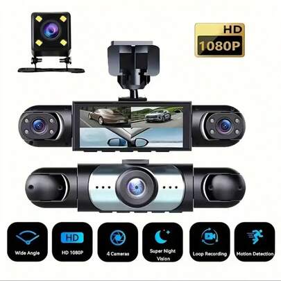 Cámara de salpicadero panorámica de 360°, cámara de salpicadero de 4 canales, ángulo de visión de 170°, grabación sincronizada frontal/trasera/izquierda/derecha, compatible con video HD 1080P de 4 canales, 8 luces de visión nocturna infrarroja, grabación en bucle y sensor G, grabación continua las 24 horas, gestión de flotas