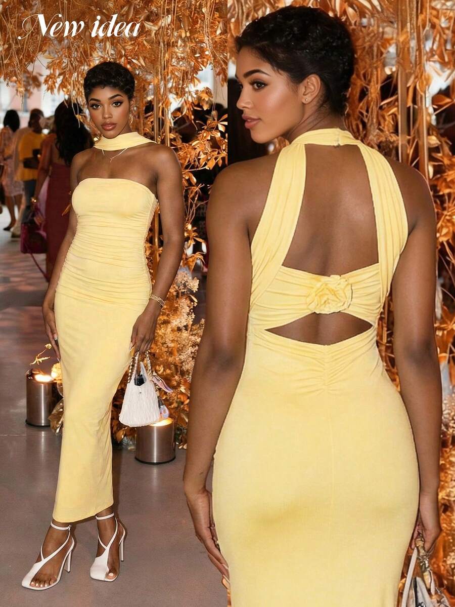 Đầm nữ màu vàng, dây mảnh, hở lưng, dài ngang gối, kiểu dáng gợi cảm và thanh lịch, thích hợp cho các bữa tiệc mùa xuân/hè, đám cưới, lễ hội âm nhạc và các dịp trang trọng. - Màu Mù tạt vàng - Xem 1