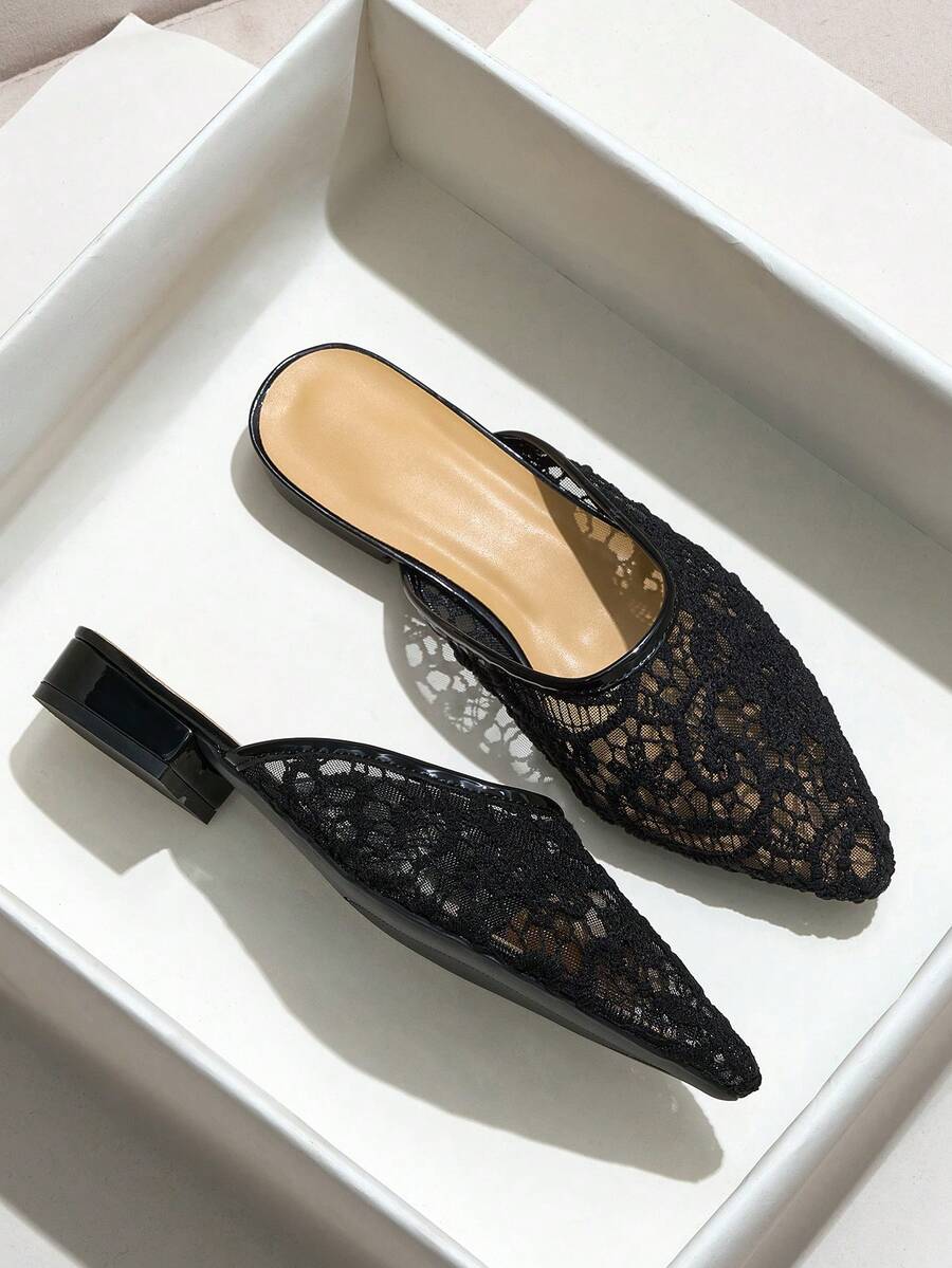 Giày sandal cao gót đế dày, mũi nhọn, thoáng khí, màu đen thanh lịch dành cho nữ, chất liệu ren lưới, kiểu dáng slip-on, thoải mái. - màu đen - Xem 1