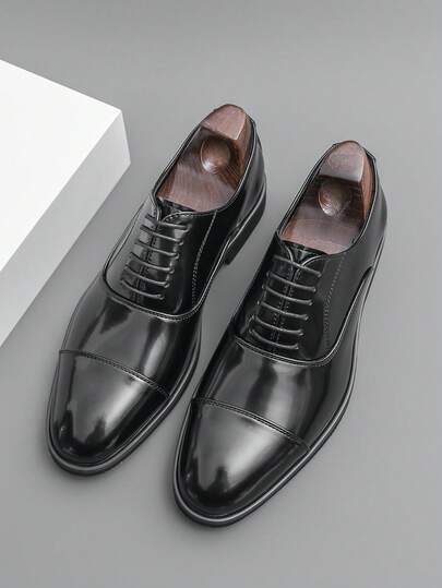 Men's Glossy 3-Eyelet Business Leather Shoes, Solid Color Casual Oxford Dress Shoes, TPR Sole, Breathable Vintage Oxfords For Wedding, Office, Party, Plus Size