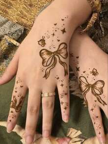 1pc Fashionable Waterproof Butterfly & Heart Henna Temporary Tattoo, Sweat-Proof, Faux Mehndi Hand-Painted Design, Lasts 2-3 Days, Girly Style - Khaki - View 4