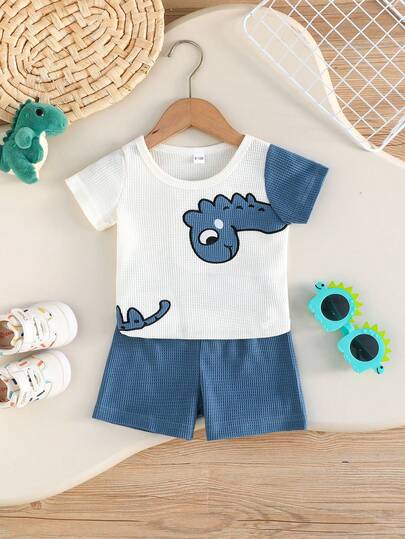 可爱恐龙两件套，男童透气华夫格拼接短袖T恤+短裤，夏季