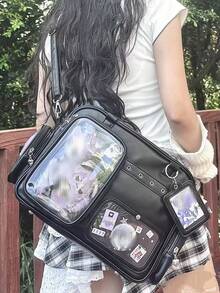 Túi đeo chéo/đeo vai đa năng dung tích lớn kiểu Nhật Bản mới, chất liệu da PU họa tiết trái tim phong cách Y2K, dây đeo trong suốt, thích hợp cho phong cách đường phố tối giản, có thể đựng đồ linh tinh, móc chìa khóa và bưu thiếp. - màu đen - Xem 3