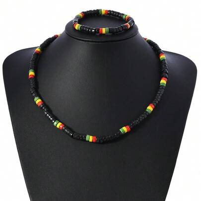 European And American Cross-Border Hot Selling Black Wooden Bead Elastic Bracelet & Necklace Set
