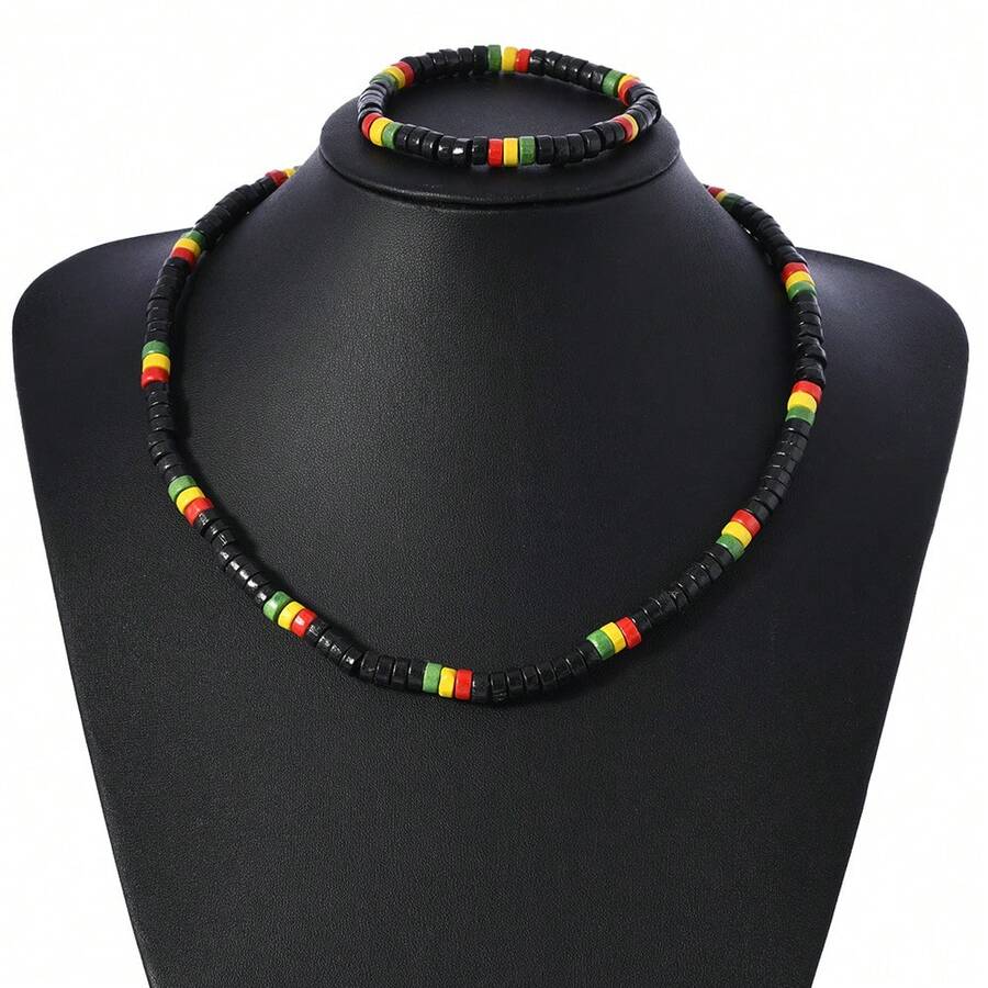 European And American Cross-Border Hot Selling Black Wooden Bead Elastic Bracelet & Necklace Set - Gold - View 1