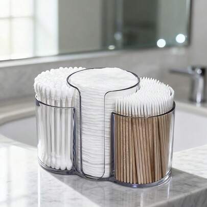 三合一棉签收纳盒，浴室适用——高级梳妆台收纳罐，带防尘盖，可收纳棉签、棉球和棉垫，台面储物盒