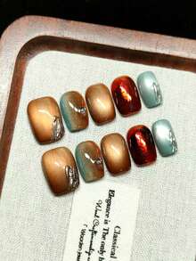 Ongles de protection faits main, faux ongles adhésifs, œil de chat dégradé brun, œil de chat argenté, style de haute qualité, cadeau idéal pour les filles, réutilisables - Tabac - Voir 2
