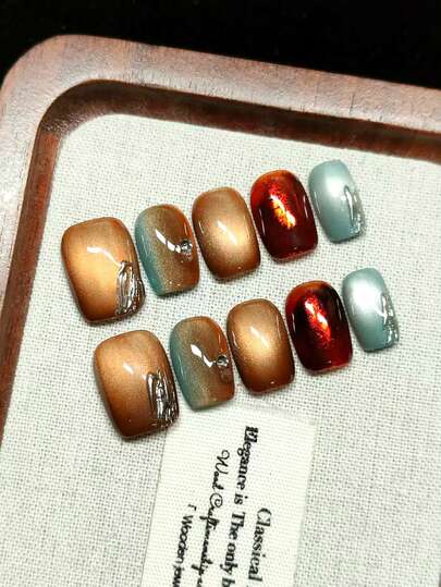 手工防护美甲，按压式假指甲，棕色渐变猫眼，银色猫眼，高端时尚，送给女孩的绝佳礼物，可重复使用