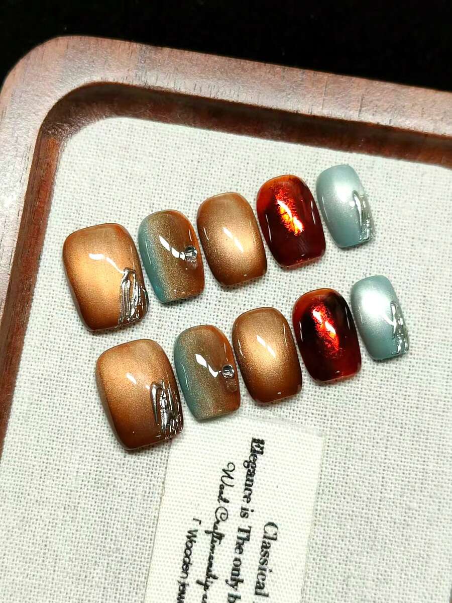 Ongles de protection faits main, faux ongles adhésifs, œil de chat dégradé brun, œil de chat argenté, style de haute qualité, cadeau idéal pour les filles, réutilisables