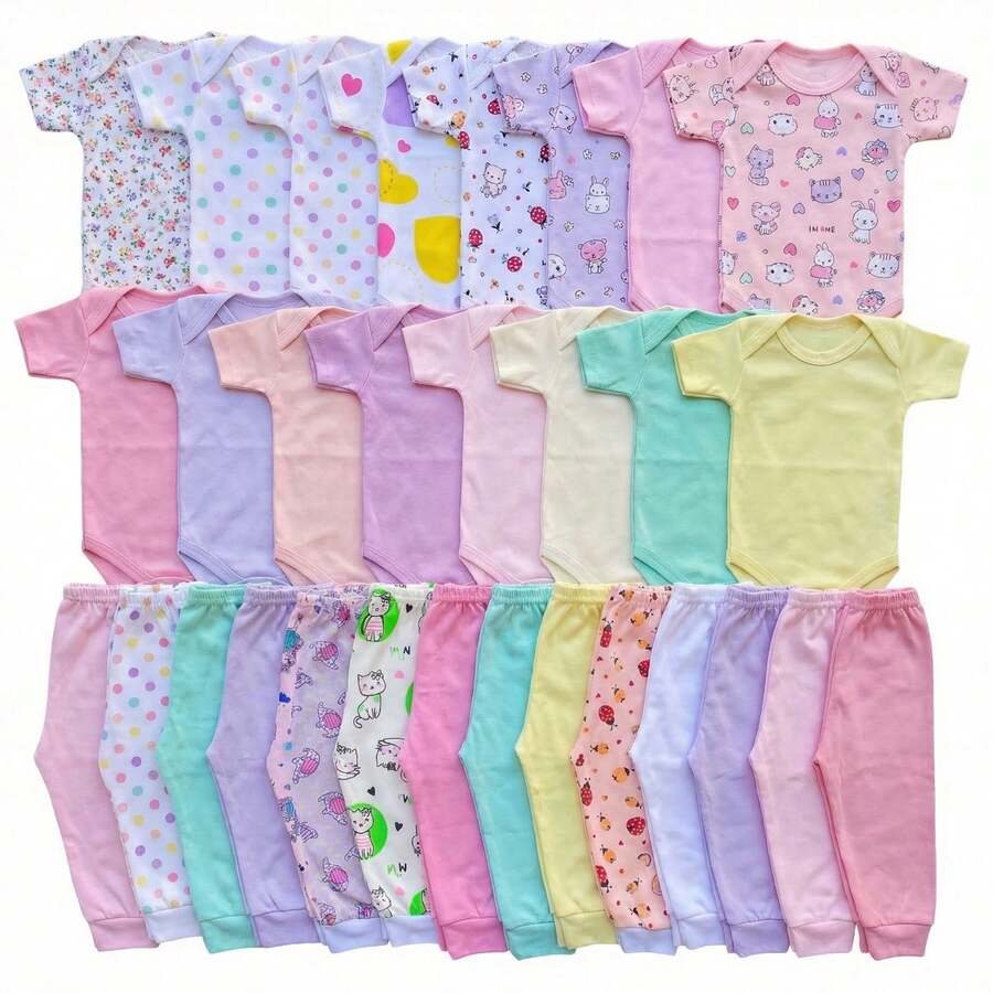 Baby Layette Kit 6 Pieces Bodysuit + Footed Pants 100% Cotton Newborn To Large – Boy, Girl And Unisex – Newborn Maternity Clothes - Assorted Colors Plain And Patterned - 女孩 - 查看 1