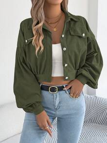 Casual Personalized Street Style Lantern Sleeve Corduroy Short Jacket, Autumn/Spring - Army Green - View 3