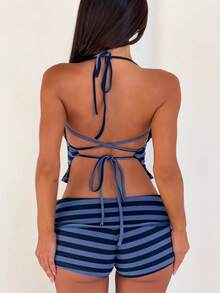 2 Piece Knit Set For Women Sexy Stripe Sleeveless Tie Up Halter Crop Top Mini Folding Shorts Y2k Lounge Outfits Vacation Beach Matching Set - Màu xanh lam - Xem 5