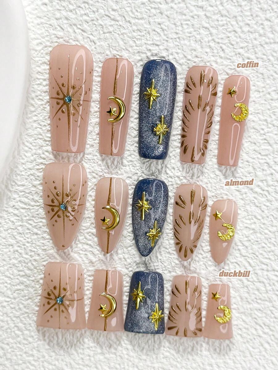 10Pcs Flashing Cat Eye Polygel Nail Set,Acrylic Press-On Nails,Golden Starlight, Moon,Silver Starbursts Adorned With Diamonds,Blue Nail Polish,Includes Nail Tools,3 Sizes Available,Almond Nails , Duck Nails,Coffin Nails For Party, Dance, Daily Wear - 彩色 - 查看 1