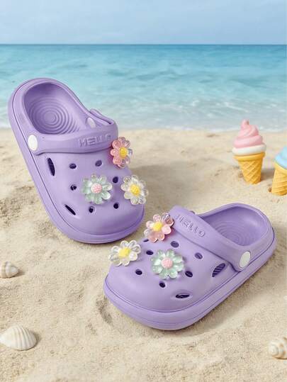Sandalias de playa moradas, elegantes y con estampado floral para niñas, para vacaciones al aire libre. Zapatos de agua de unicolor y minimalistas, de moda versátil, adecuados también como pantuflas de interior. Regalo ideal para niñas en días festivos.