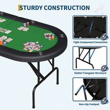 Mesa de póquer plegable para 8 jugadores, mesa de casino Texas Holdem de 72 pulgadas con barandillas acolchadas y portavasos, mesa de juego plegable portátil para el hogar o la sala de juegos - Color: ribete negro + verde - Ver 5