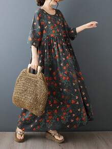 AZAH 萬聖節優雅舞會夏季女款優雅花卉A字洋裝，蝙蝠袖短袖附口袋，圓領泡泡裙波希米亞風，寬鬆卡夫坦式居家日常穿著洋裝 - 深灰色 - 查看 3