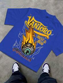 Boys & Teens' Casual Graphic Print Round Neck Short Sleeve T-Shirt, Summer Top - 藍色 - 查看 2