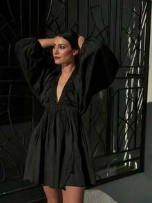 New Spring/Summer Elegant Fashion Sexy Deep V-Neck Puff Sleeve Casual Mini Dress For Women, Vacation Boho & Western & Tropical & Sun Dress - 黑色 - 查看 3