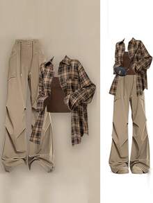 Streetwear 3pcs Suits Y2k Outfits Women Loose Casual Vintage Plaid Long Sleeve Shirts+Basic Spaghetti Vest+High Waist Wide Leg Drawstring Cargo Pants Set Harajuku Baggy Jogger Pants Sets Fashion Women Clothing All Season - 卡其色 - 查看 4