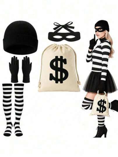 5件套女士盗贼服装套装，包括芭蕾舞裙、盗贼帽、手套、眼罩、帆布钱袋、条纹袜，适合成人万圣节角色扮演、世界读书日化装舞会及其他场合。
