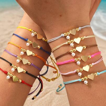 1 pieza Pulsera de verano de moda con cuentas de perlas falsas con forma de corazón y cuentas de cobre, pulsera tejida colorida ajustable, pulsera ajustable con colgante de perla con forma de corazón, regalo de cumpleaños para novia, regalo de playa
