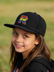 1 PC Fashion Children Hip Hop Cap Student Rainbow A-Z Letter Snapback Cap Adjustment Outdoor Casual Sun Hats Bone 8-16Y - Black - View 5
