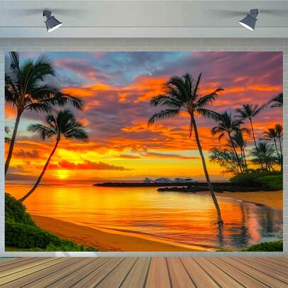 1pc Tropical Beach Sunset Background With Palm Trees, Suitable For Party And Wedding