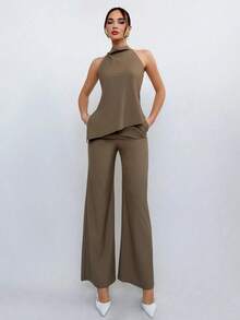 Women's 2-Piece Set Of Halter Neck Top And Pants In Brown, Everyday Style - 卡其色 - 查看 4