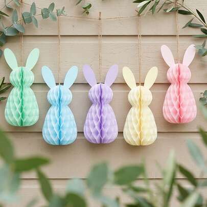 5 piezas Decoración colgante de panal con conejito de Pascua, centro de mesa de escritorio con conejito de panal de color macaron 3D, adecuado para decoración de Pascua primaveral, fiesta de jardín, vacaciones, decoración de fiesta