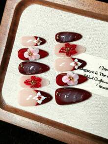 Guantes protectores hechos a mano, uñas postizas adhesivas, flores pintadas a mano, patrones de flor de durazno y flor de cerezo en 3D. Calidad de alta gama, regalo ideal para niñas, reutilizable. - Multicolor - Ver 7