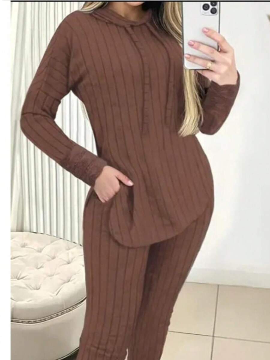 Women's Casual Solid Color Sweatshirt And Pants Set With Drawstring - Autumn Style - Rust Brown - View 1