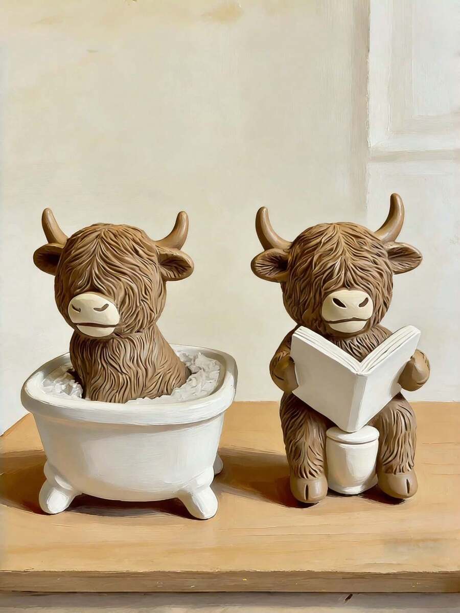 1 peça de decoração interessante para casa - Estátua de touro das Terras Altas lendo no vaso sanitário, decoração de banheiro em estilo rústico, feita de resina, pode ser usada como decoração para casa/escritório ou presente, não precisa de energia, design divertido, textura fina, adequada para o Dia das Mães, volta às aulas ou presente de aniversário divertido - multicolorido - Ver 1