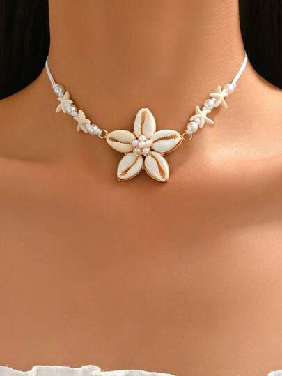 1pc Creative Floral Shaped Shell Pendant Necklace, Fashion Versatile Faux Pearl Starfish Handmade Rope Chain Necklace, Suitable For Daily Wear, Dates, Parties And Vacations