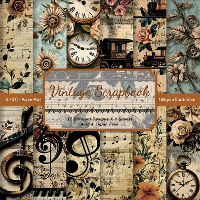 12 Stücke Vintage Musiknoten Sammelalbum Papier - 6"X6" Bastelpapier mit Blumen, Uhr und Musiknoten Motiven für Journaling, Collagen, Kartenherstellung und Basteln, Material Papier