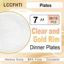 28 piezas Platos redondos transparentes con borde dorado (Plato grande de 10 pulgadas, Plato pequeño de 7 pulgadas), Platos de fiesta martillados, que incluyen 14 piezas Platos de postre transparentes y 14 piezas Platos de cena transparentes, adecuados para todas las ocasiones - transparente - Ver 7