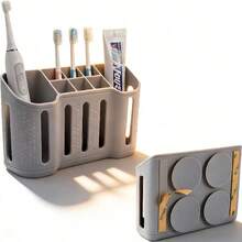 Organizador de baño de 6 ranuras y 2 compartimentos para cepillo de dientes eléctrico, afeitadora, pasta de dientes, color gris - Multicolor - Ver 3