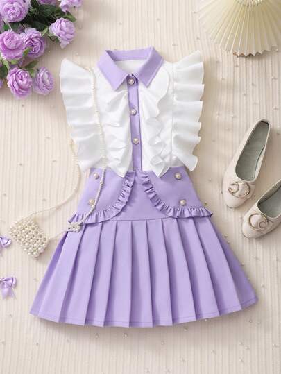 2pcs Girls Ruffled Collar Long Sleeve Blouse And Pleated Skirt Set, Spring/Autumn