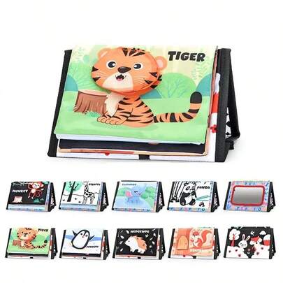 双面互动翻页书，带镜子、触控翻页功能、动物和镜子元素；耐用可折叠的宝宝趴卧游戏垫；促进宝宝运动技能、触觉和视觉发育的益智玩具