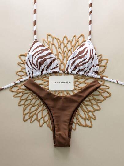 2pcs Zebra Print Solid Color Sexy Backless Women Swimsuit Bikini, Suitable For Beach, Resort, Stage And Concert, Summer Vacation