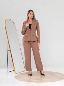 Elegant Twill Jacket And Trouser Set C3035 - Mocha Brown - View 1