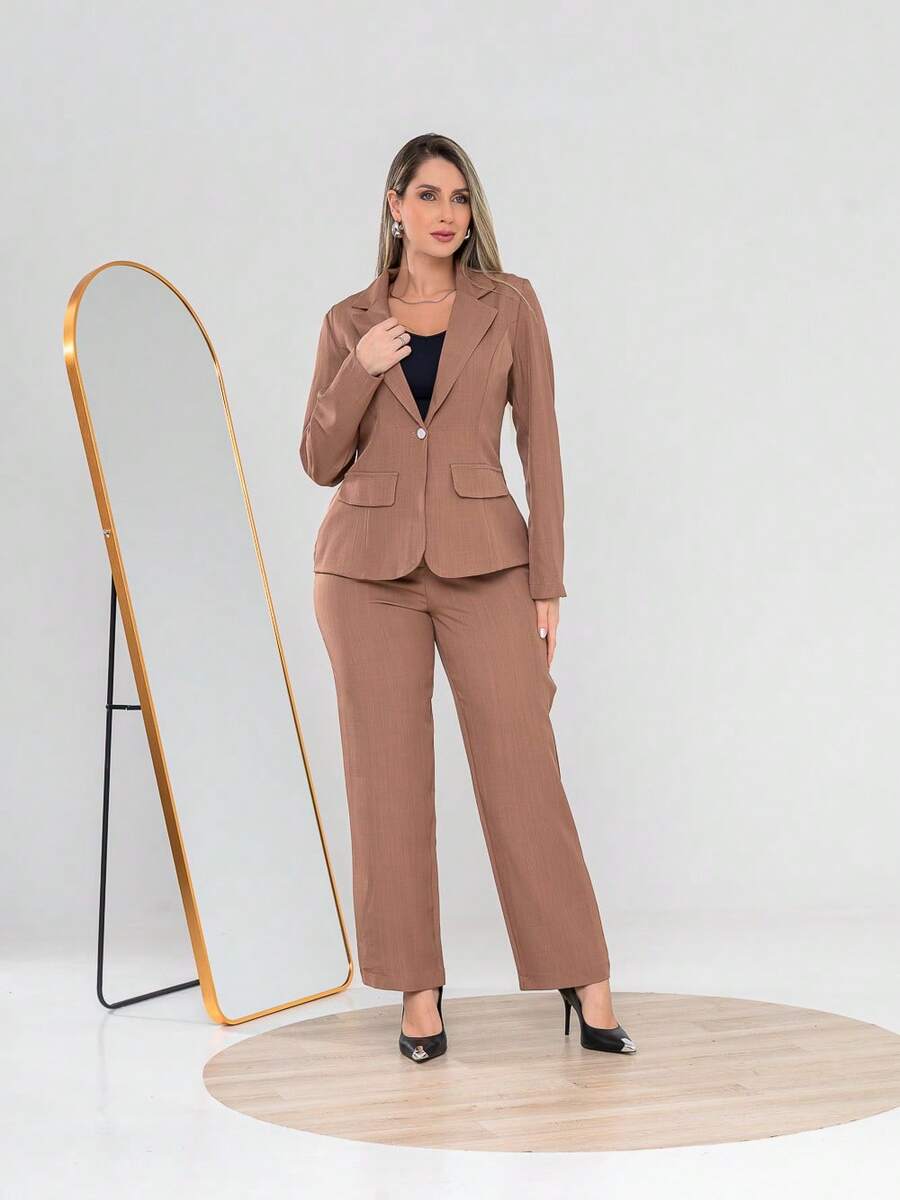 Elegant Twill Jacket And Trouser Set C3035 - Mocha Brown - View 1