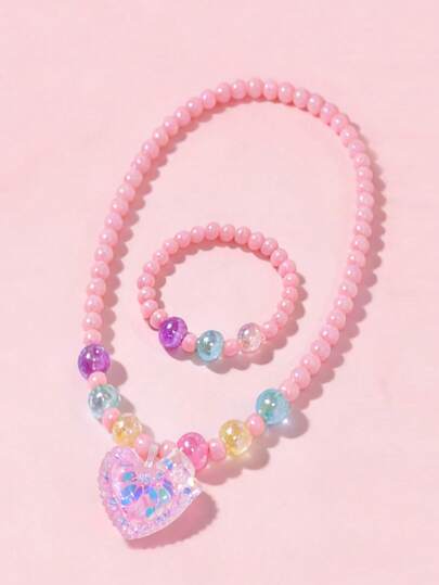 2pcs/Set Lovely Heart Pendant Necklace & Beaded Bracelet Jewelry Set For Kids, Suitable For Daily Wear, Parties, Birthday Gifts For Girls