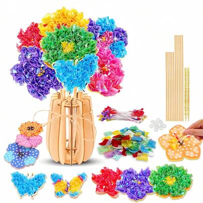 8pcs Children's Flower Poking Toy Set, Includes Flower Models, Butterfly Decorations, Realistic 3D Floral Bouquet, Vibrant Colors, Develops Hand-Eye Coordination, Suitable For Family Gatherings, Parties, School Activities