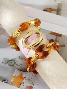 1pc Retro Elegant Resin Pig Nose Beaded Bracelet, Suitable For Women, Sisters Or Couples For Daily Wear, Dates, Parties, Holidays, Summer Beach Vacation Or As Gifts - Gold - View 6