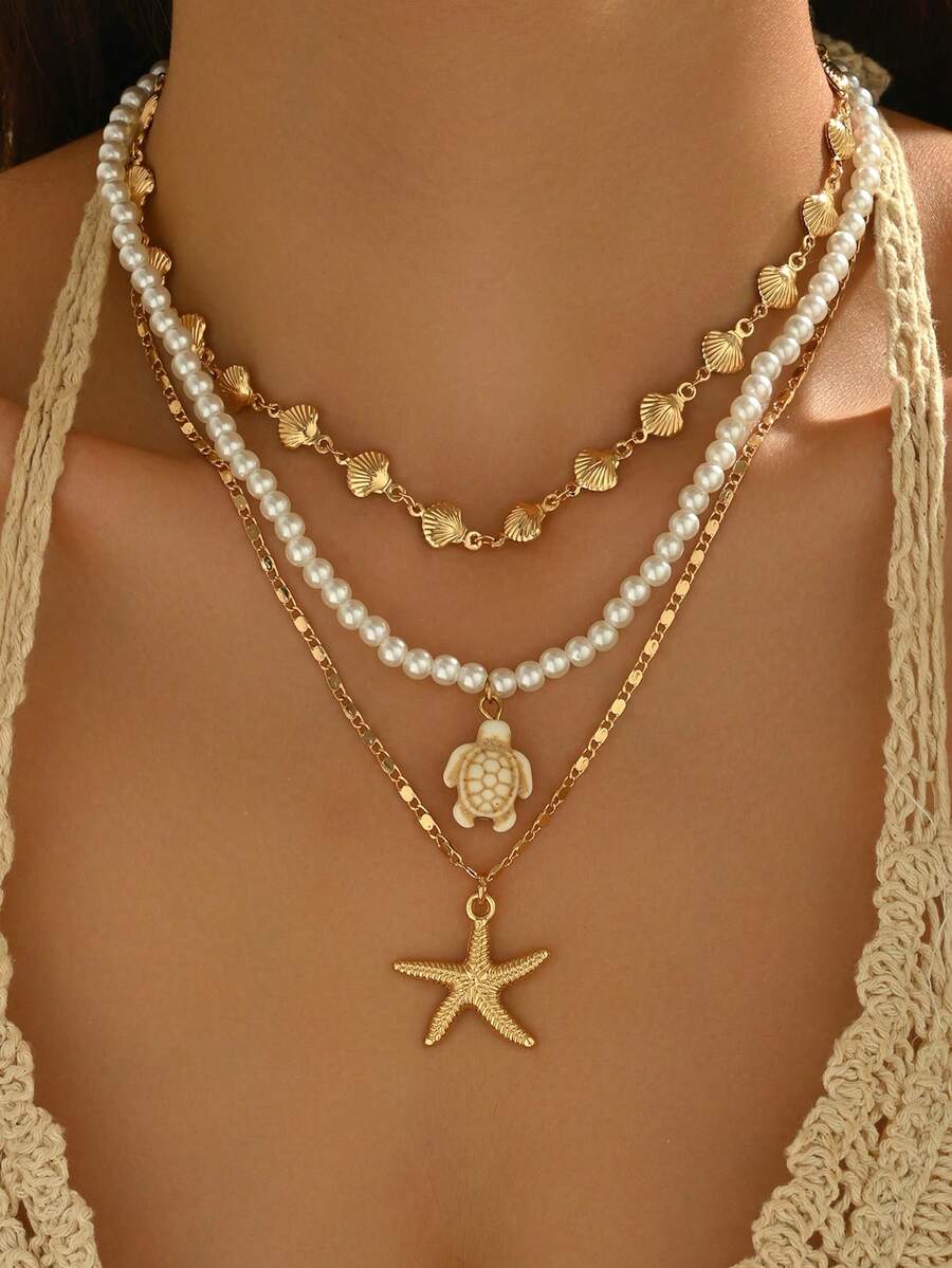 3件套仿珍珠项链套装，百搭手工合金颈链，适合日常佩戴、拍照、约会、聚会等场合。手工链条长度因款式而异。 - 彩色 - 查看 1